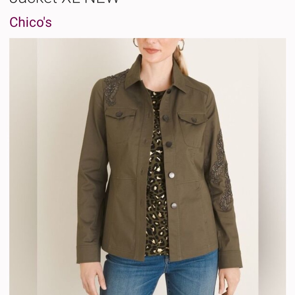 Chico's Olive Green Utility Jacket with Lace Accents